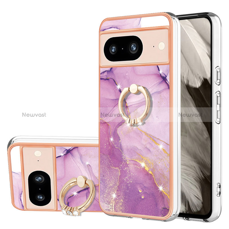 Silicone Candy Rubber Gel Fashionable Pattern Soft Case Cover with Finger Ring Stand YB5 for Google Pixel 8 5G Clove Purple