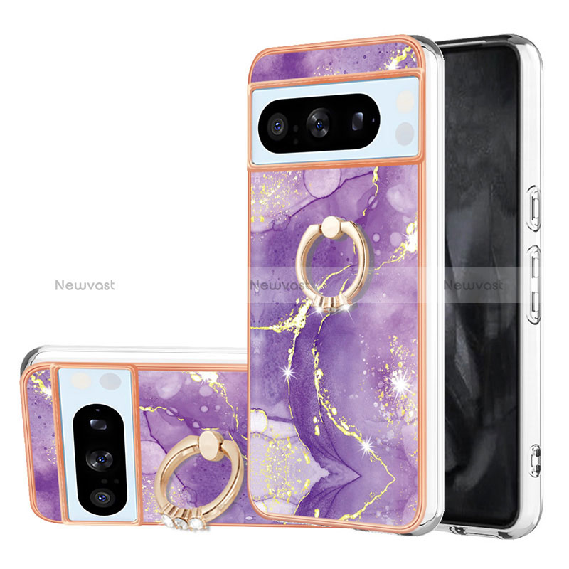 Silicone Candy Rubber Gel Fashionable Pattern Soft Case Cover with Finger Ring Stand YB5 for Google Pixel 8 Pro 5G Purple
