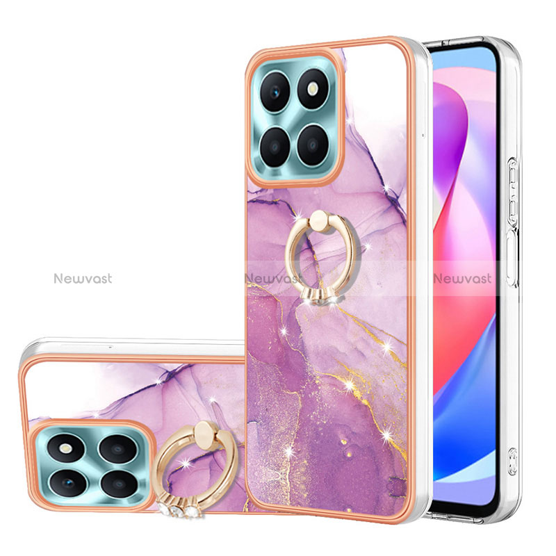 Silicone Candy Rubber Gel Fashionable Pattern Soft Case Cover with Finger Ring Stand YB5 for Huawei Honor X6a Clove Purple