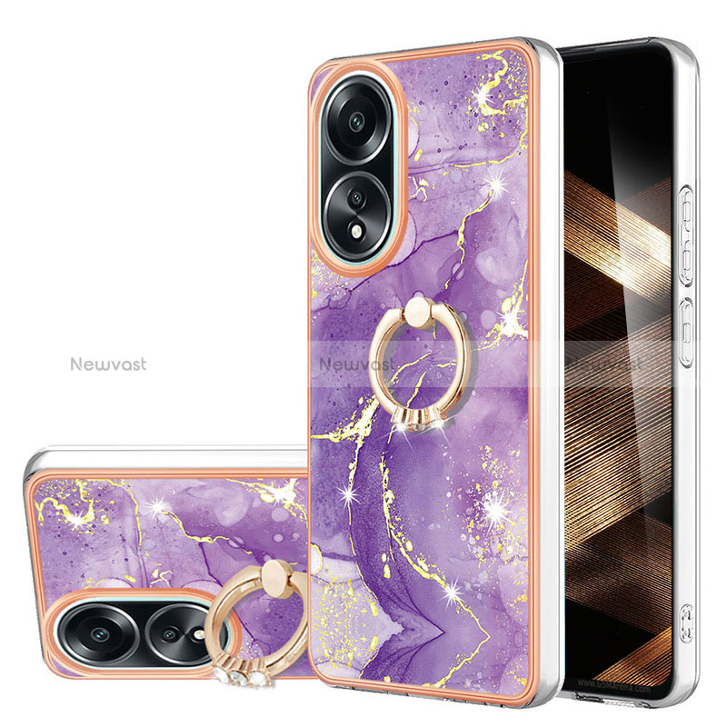 Silicone Candy Rubber Gel Fashionable Pattern Soft Case Cover with Finger Ring Stand YB5 for Oppo A58 4G Purple