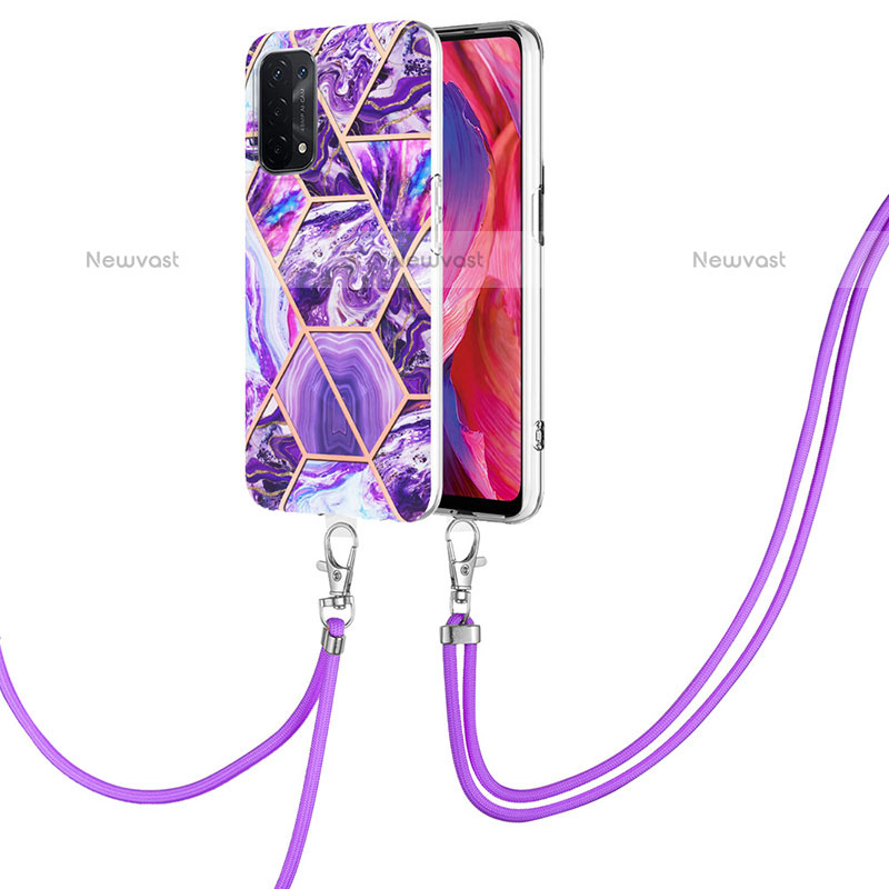 Silicone Candy Rubber Gel Fashionable Pattern Soft Case Cover with Lanyard Strap Y01B for OnePlus Nord N200 5G Purple