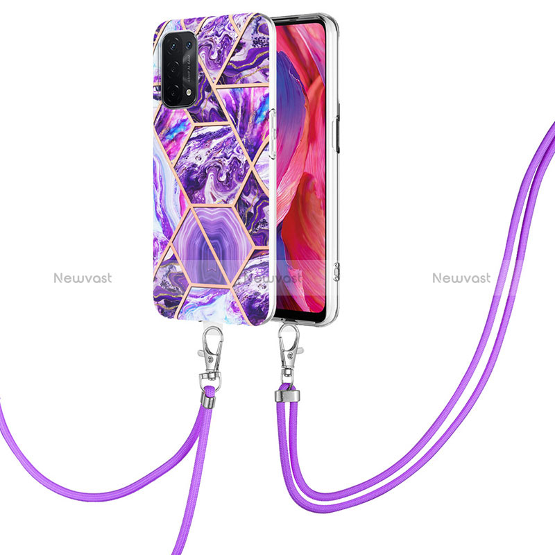 Silicone Candy Rubber Gel Fashionable Pattern Soft Case Cover with Lanyard Strap Y01B for Oppo A54 5G Purple