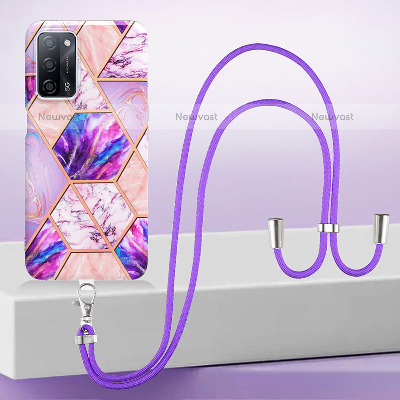 Silicone Candy Rubber Gel Fashionable Pattern Soft Case Cover with Lanyard Strap Y01B for Oppo A55 5G