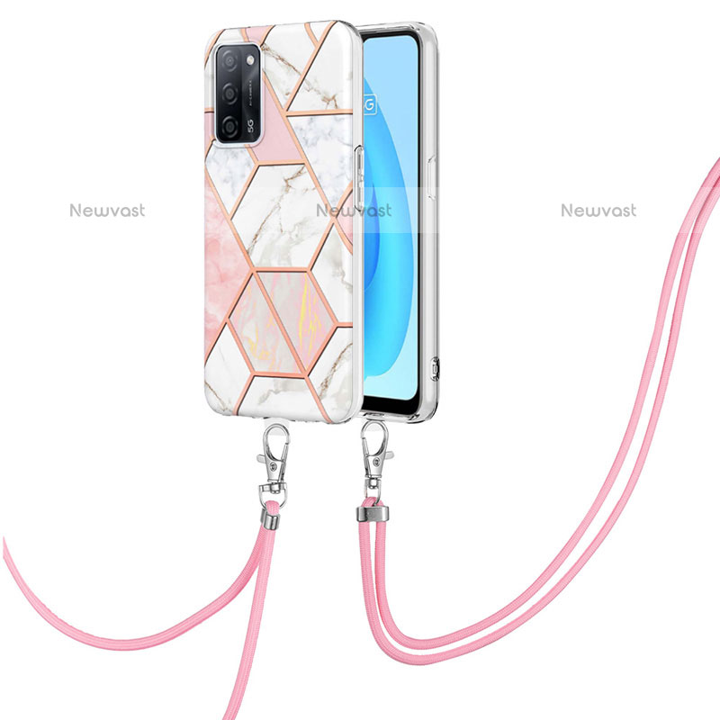 Silicone Candy Rubber Gel Fashionable Pattern Soft Case Cover with Lanyard Strap Y01B for Oppo A55 5G Pink
