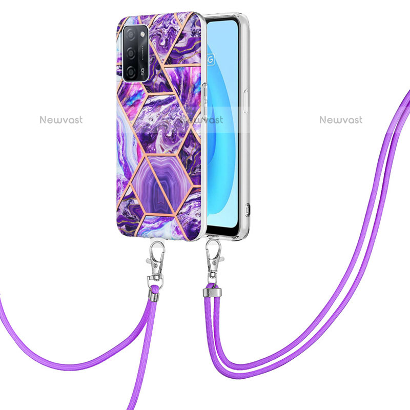 Silicone Candy Rubber Gel Fashionable Pattern Soft Case Cover with Lanyard Strap Y01B for Oppo A55 5G Purple