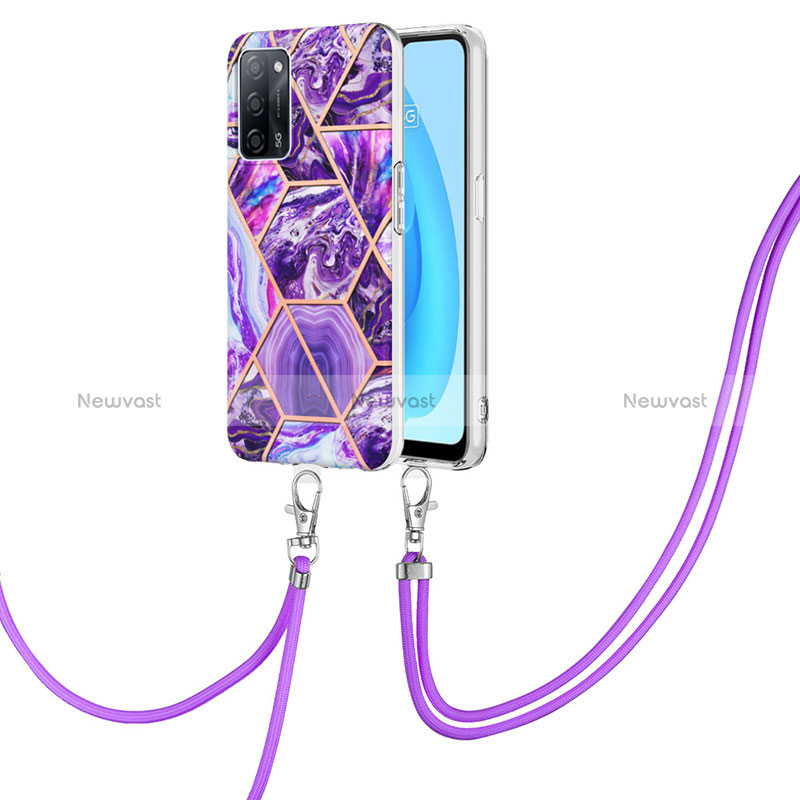 Silicone Candy Rubber Gel Fashionable Pattern Soft Case Cover with Lanyard Strap Y01B for Oppo A56 5G Purple