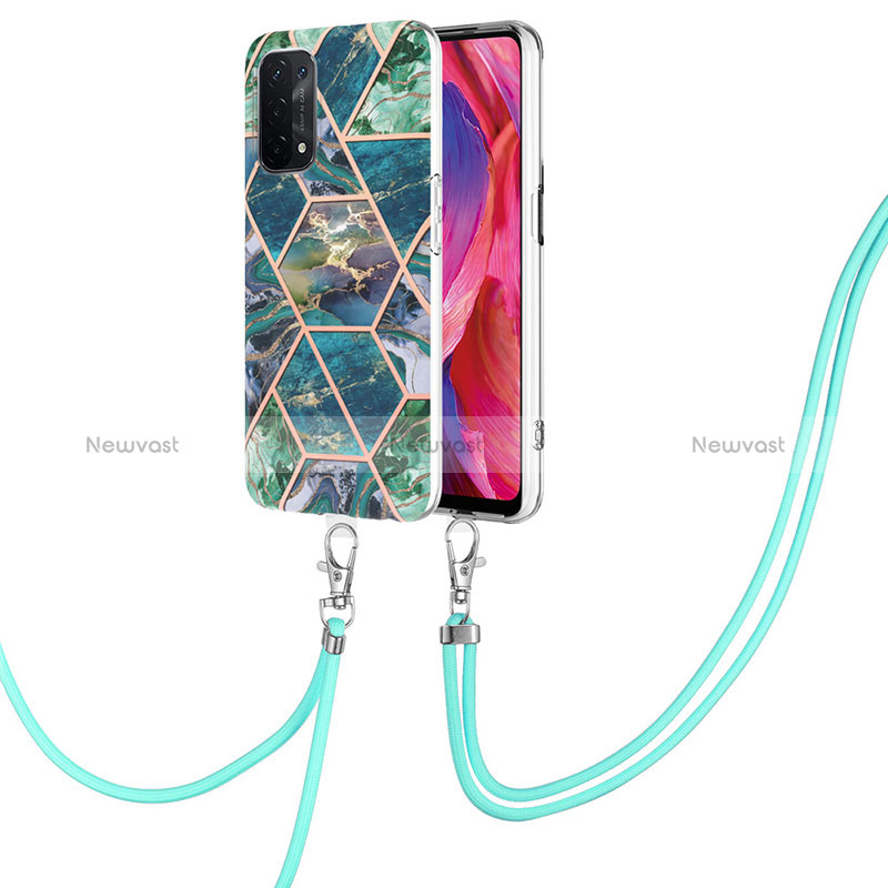 Silicone Candy Rubber Gel Fashionable Pattern Soft Case Cover with Lanyard Strap Y01B for Oppo A74 5G Midnight Green