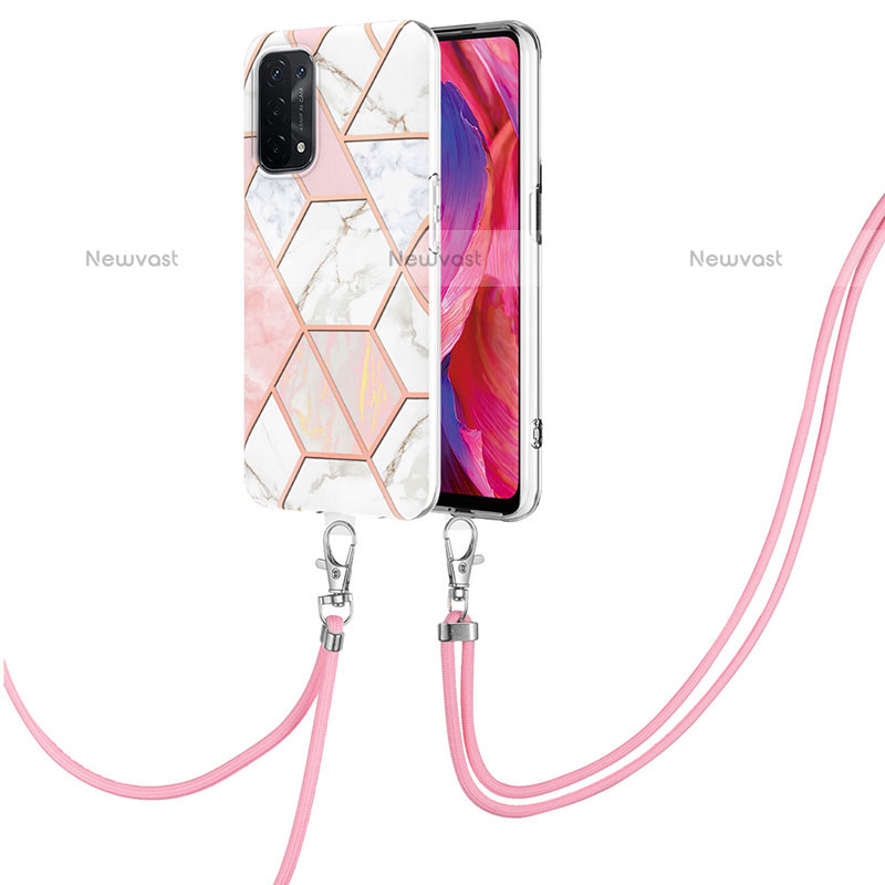 Silicone Candy Rubber Gel Fashionable Pattern Soft Case Cover with Lanyard Strap Y01B for Oppo A93 5G Pink