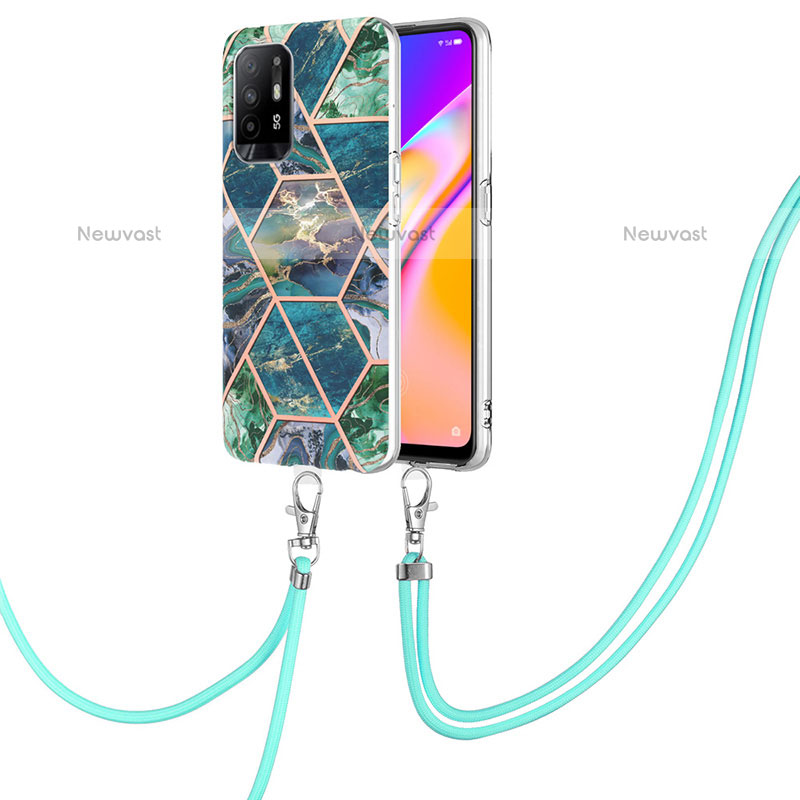 Silicone Candy Rubber Gel Fashionable Pattern Soft Case Cover with Lanyard Strap Y01B for Oppo A95 5G Midnight Green