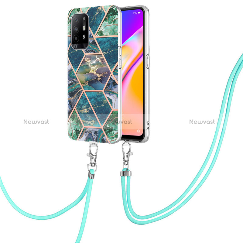 Silicone Candy Rubber Gel Fashionable Pattern Soft Case Cover with Lanyard Strap Y01B for Oppo Reno5 Z 5G Midnight Green