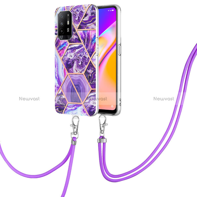 Silicone Candy Rubber Gel Fashionable Pattern Soft Case Cover with Lanyard Strap Y01B for Oppo Reno5 Z 5G Purple