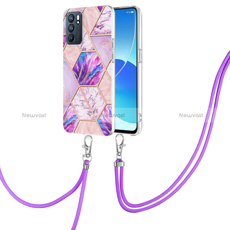 Silicone Candy Rubber Gel Fashionable Pattern Soft Case Cover with Lanyard Strap Y01B for Oppo Reno6 5G Clove Purple