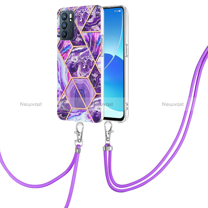 Silicone Candy Rubber Gel Fashionable Pattern Soft Case Cover with Lanyard Strap Y01B for Oppo Reno6 5G Purple