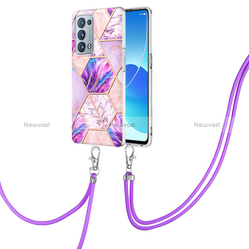 Silicone Candy Rubber Gel Fashionable Pattern Soft Case Cover with Lanyard Strap Y01B for Oppo Reno6 Pro 5G Clove Purple