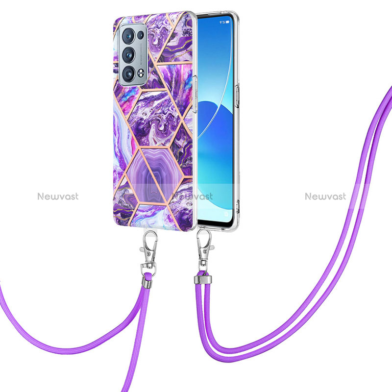 Silicone Candy Rubber Gel Fashionable Pattern Soft Case Cover with Lanyard Strap Y01B for Oppo Reno6 Pro+ Plus 5G Purple