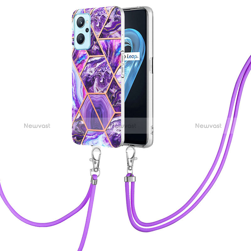 Silicone Candy Rubber Gel Fashionable Pattern Soft Case Cover with Lanyard Strap Y01B for Realme 9i 4G Purple