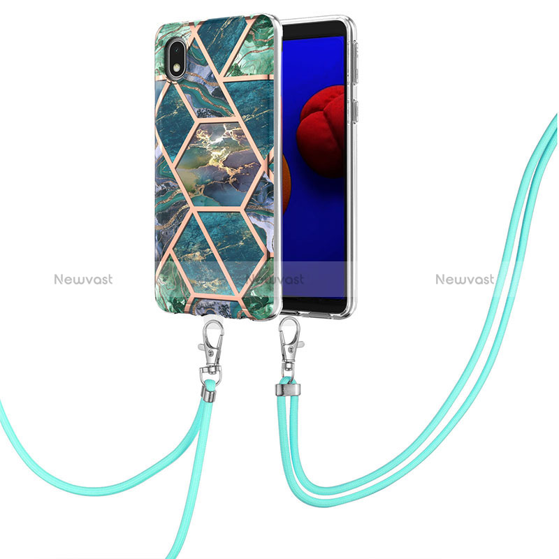 Silicone Candy Rubber Gel Fashionable Pattern Soft Case Cover with Lanyard Strap Y01B for Samsung Galaxy A01 Core Midnight Green