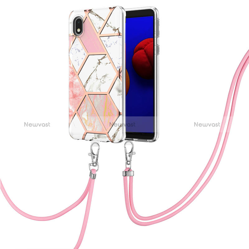 Silicone Candy Rubber Gel Fashionable Pattern Soft Case Cover with Lanyard Strap Y01B for Samsung Galaxy A01 Core Pink