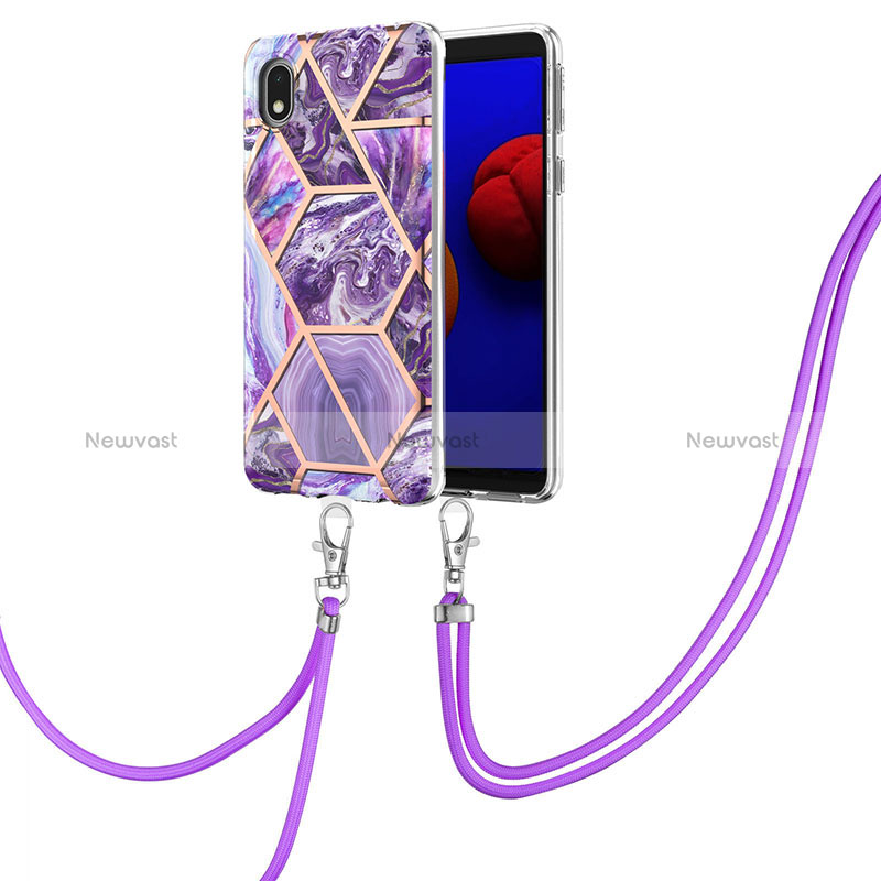 Silicone Candy Rubber Gel Fashionable Pattern Soft Case Cover with Lanyard Strap Y01B for Samsung Galaxy A01 Core Purple