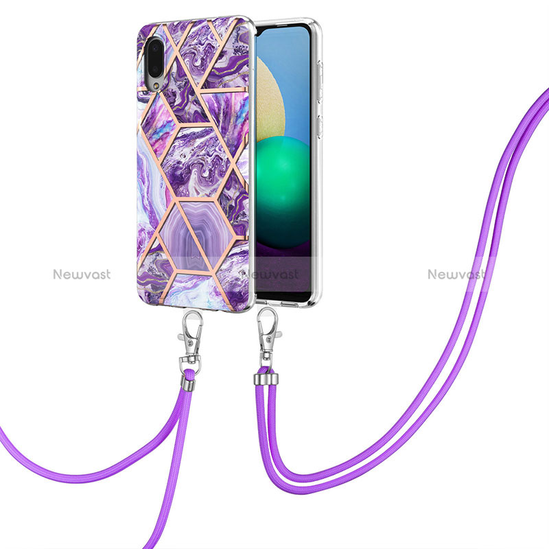 Silicone Candy Rubber Gel Fashionable Pattern Soft Case Cover with Lanyard Strap Y01B for Samsung Galaxy A02 Purple
