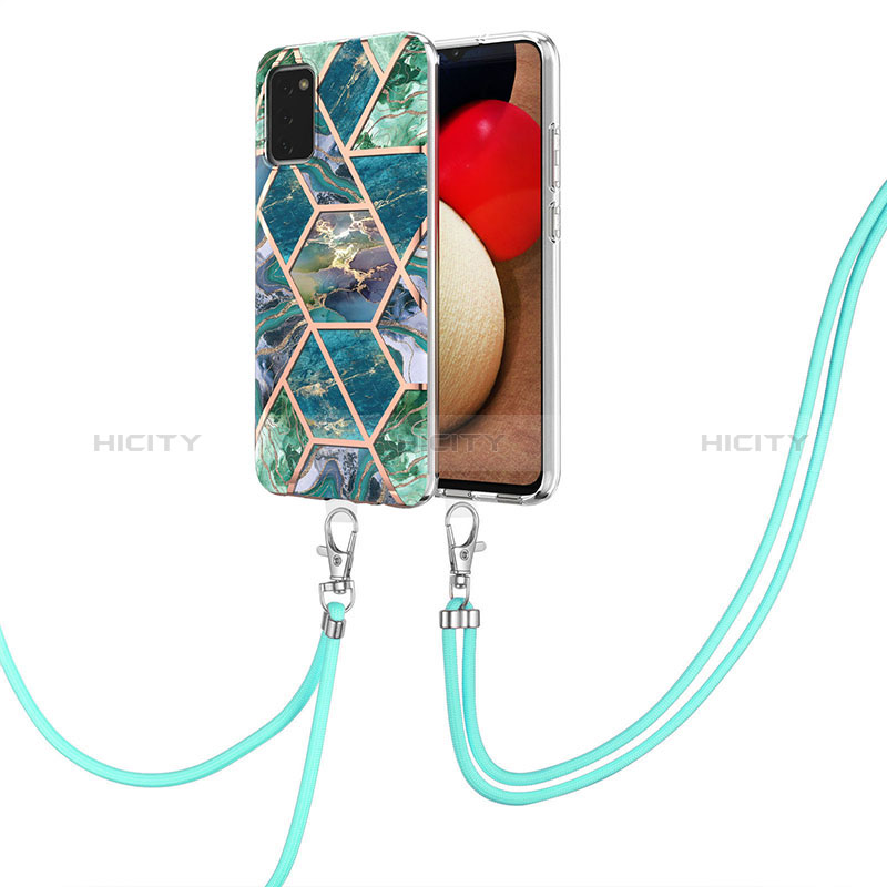 Silicone Candy Rubber Gel Fashionable Pattern Soft Case Cover with Lanyard Strap Y01B for Samsung Galaxy A03s Midnight Green