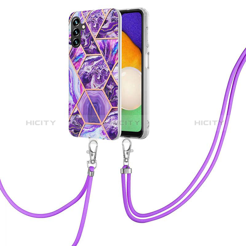 Silicone Candy Rubber Gel Fashionable Pattern Soft Case Cover with Lanyard Strap Y01B for Samsung Galaxy A04s Purple