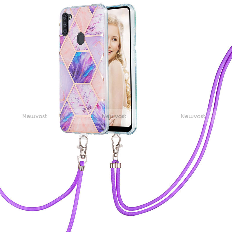 Silicone Candy Rubber Gel Fashionable Pattern Soft Case Cover with Lanyard Strap Y01B for Samsung Galaxy A11