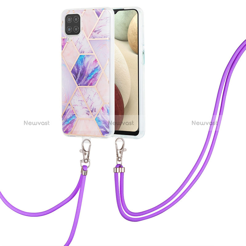 Silicone Candy Rubber Gel Fashionable Pattern Soft Case Cover with Lanyard Strap Y01B for Samsung Galaxy A12 5G Clove Purple