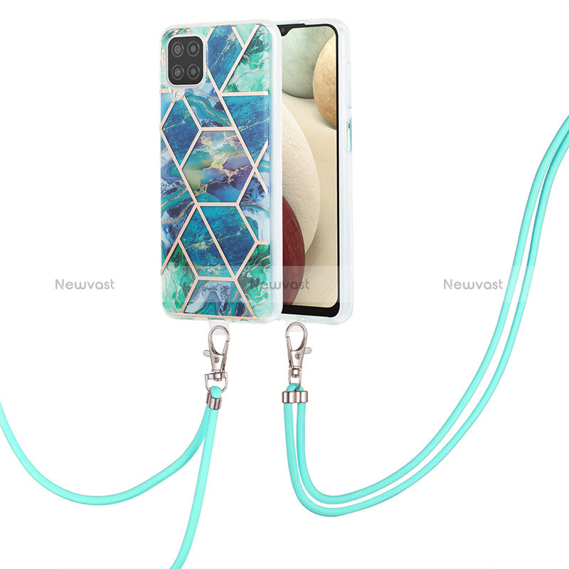 Silicone Candy Rubber Gel Fashionable Pattern Soft Case Cover with Lanyard Strap Y01B for Samsung Galaxy A12 5G Midnight Green