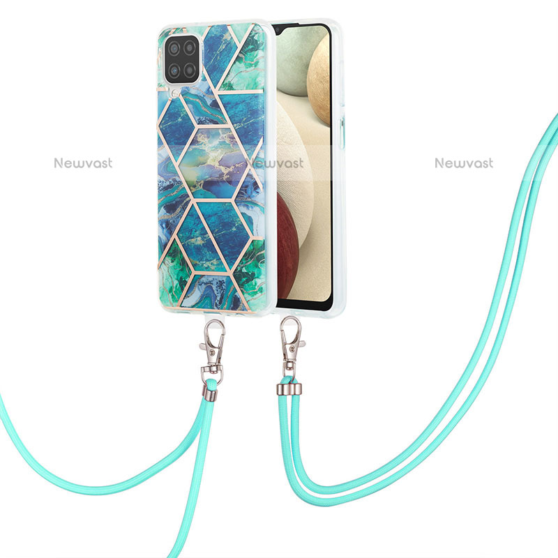 Silicone Candy Rubber Gel Fashionable Pattern Soft Case Cover with Lanyard Strap Y01B for Samsung Galaxy A12 Midnight Green