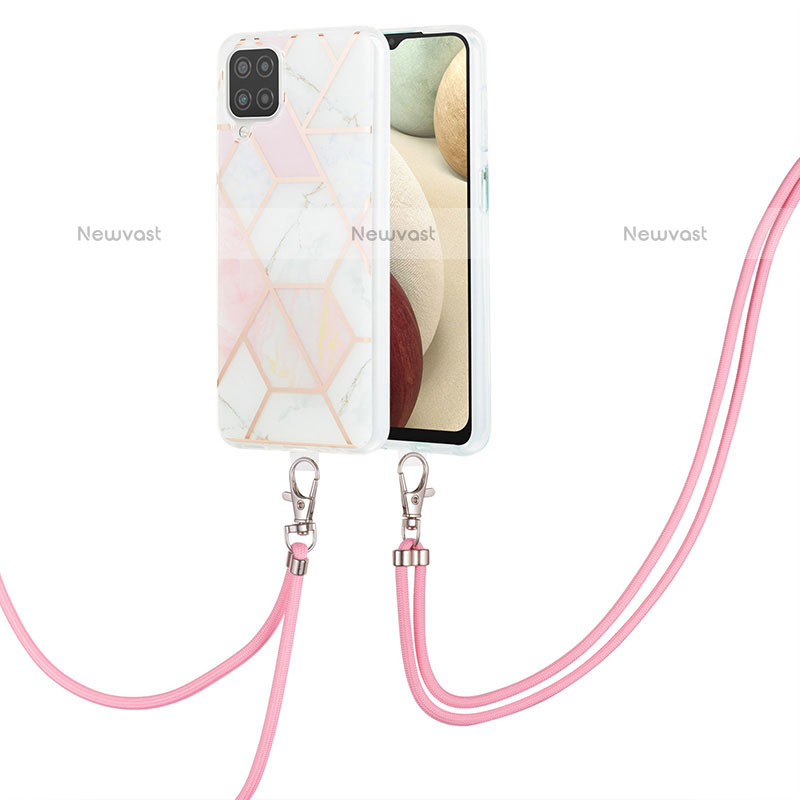 Silicone Candy Rubber Gel Fashionable Pattern Soft Case Cover with Lanyard Strap Y01B for Samsung Galaxy A12 Pink