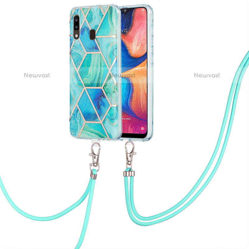 Silicone Candy Rubber Gel Fashionable Pattern Soft Case Cover with Lanyard Strap Y01B for Samsung Galaxy A20 Green