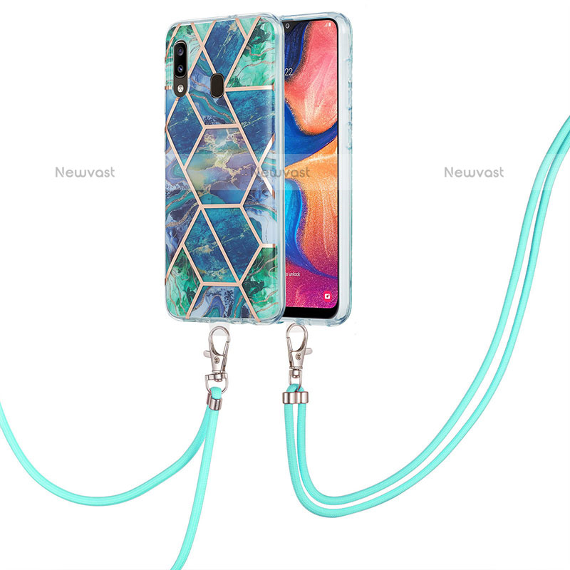 Silicone Candy Rubber Gel Fashionable Pattern Soft Case Cover with Lanyard Strap Y01B for Samsung Galaxy A20 Midnight Green