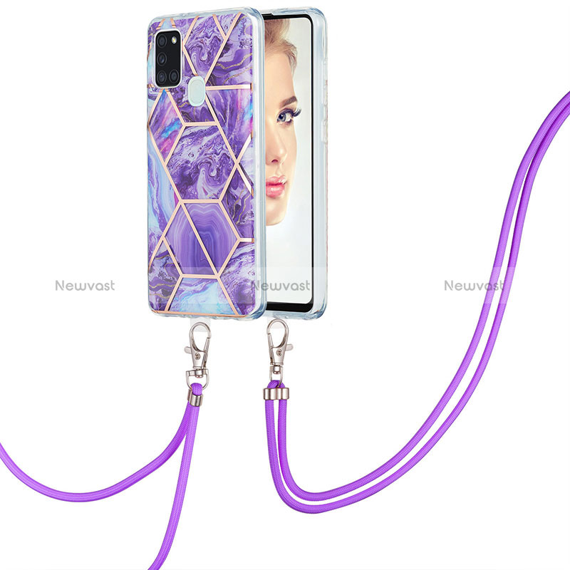 Silicone Candy Rubber Gel Fashionable Pattern Soft Case Cover with Lanyard Strap Y01B for Samsung Galaxy A21s