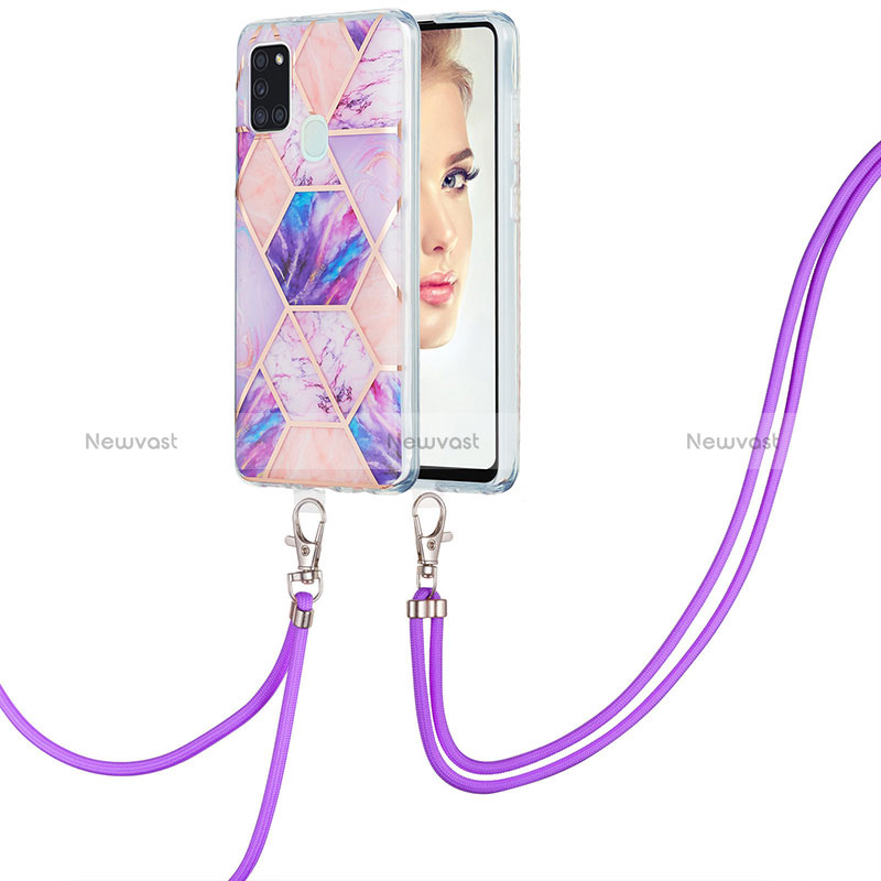 Silicone Candy Rubber Gel Fashionable Pattern Soft Case Cover with Lanyard Strap Y01B for Samsung Galaxy A21s Clove Purple