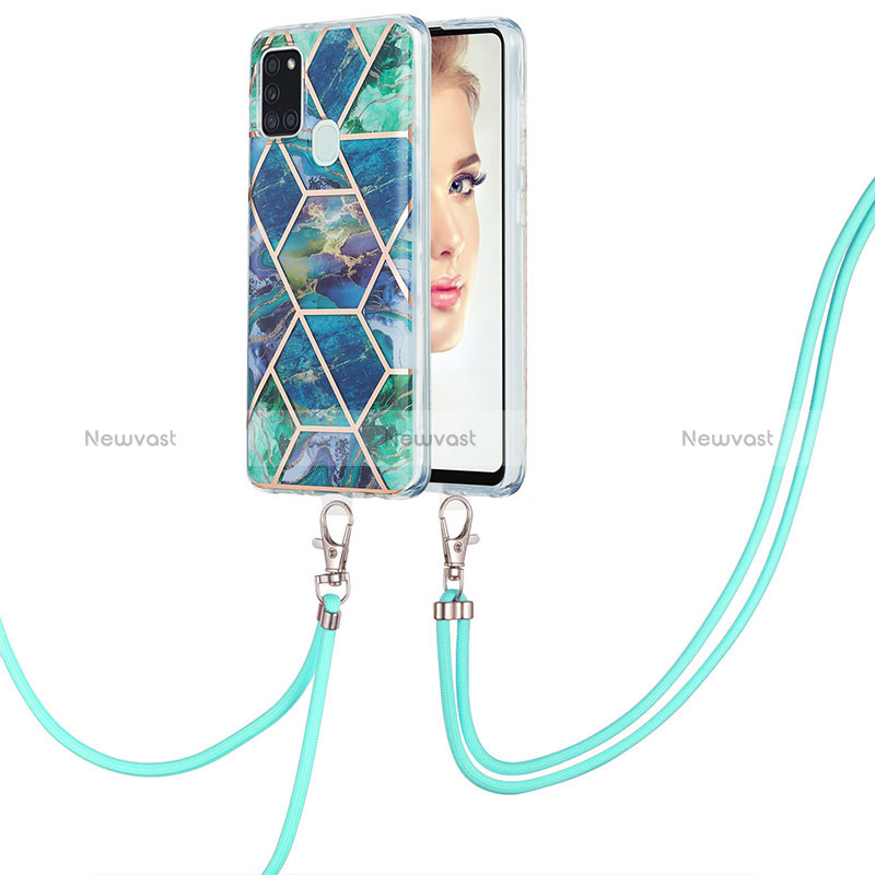 Silicone Candy Rubber Gel Fashionable Pattern Soft Case Cover with Lanyard Strap Y01B for Samsung Galaxy A21s Midnight Green