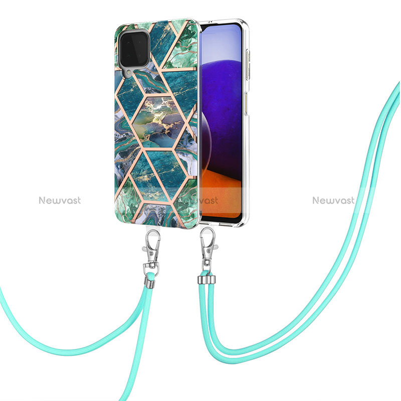 Silicone Candy Rubber Gel Fashionable Pattern Soft Case Cover with Lanyard Strap Y01B for Samsung Galaxy A22 4G Midnight Green