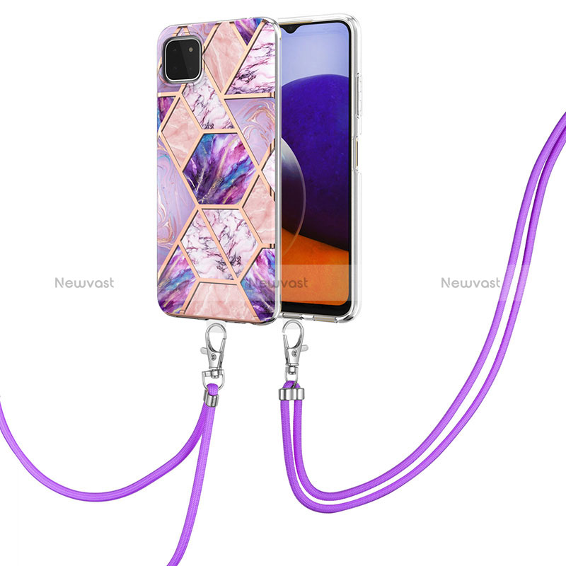 Silicone Candy Rubber Gel Fashionable Pattern Soft Case Cover with Lanyard Strap Y01B for Samsung Galaxy A22 5G Clove Purple