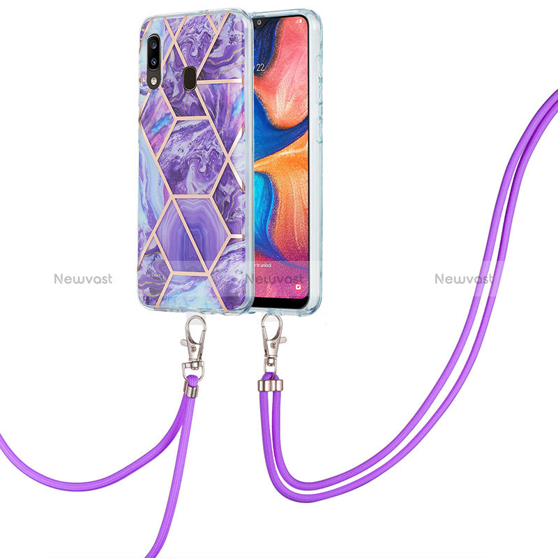 Silicone Candy Rubber Gel Fashionable Pattern Soft Case Cover with Lanyard Strap Y01B for Samsung Galaxy A30 Purple