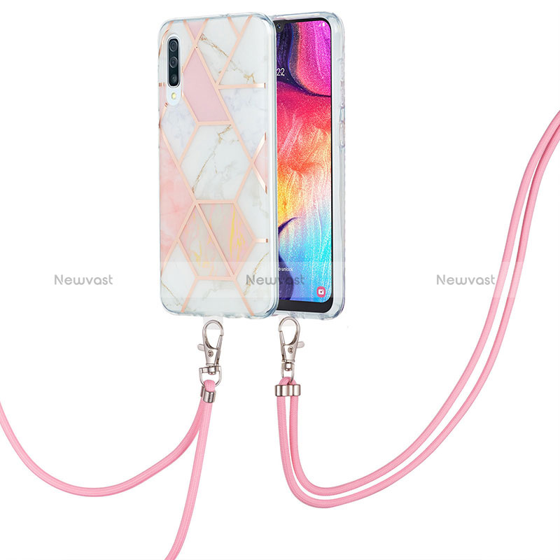 Silicone Candy Rubber Gel Fashionable Pattern Soft Case Cover with Lanyard Strap Y01B for Samsung Galaxy A30S Pink