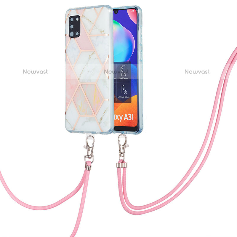 Silicone Candy Rubber Gel Fashionable Pattern Soft Case Cover with Lanyard Strap Y01B for Samsung Galaxy A31 Pink