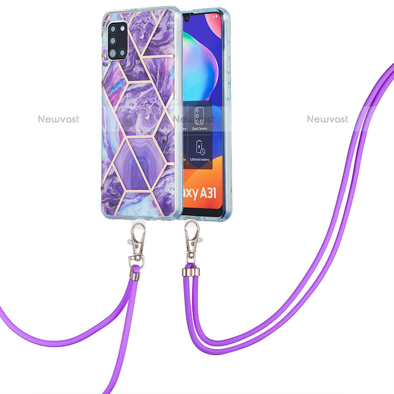 Silicone Candy Rubber Gel Fashionable Pattern Soft Case Cover with Lanyard Strap Y01B for Samsung Galaxy A31 Purple