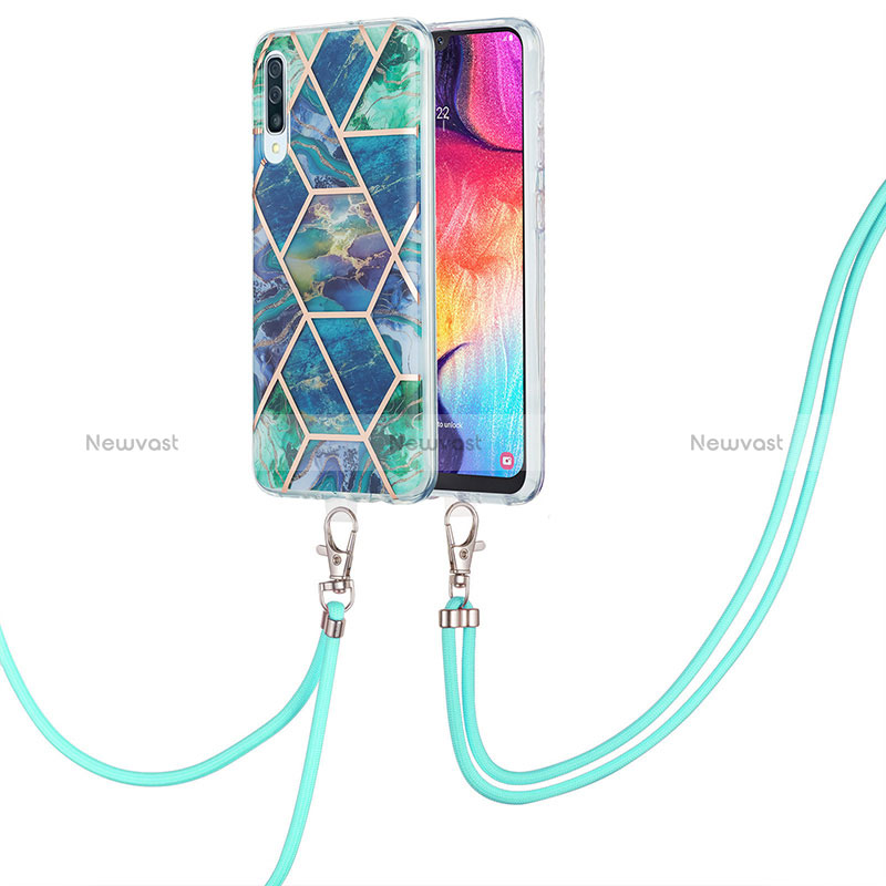 Silicone Candy Rubber Gel Fashionable Pattern Soft Case Cover with Lanyard Strap Y01B for Samsung Galaxy A50S Midnight Green