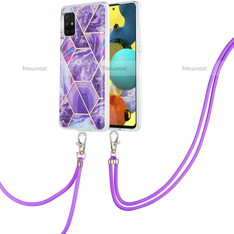 Silicone Candy Rubber Gel Fashionable Pattern Soft Case Cover with Lanyard Strap Y01B for Samsung Galaxy A51 4G Purple