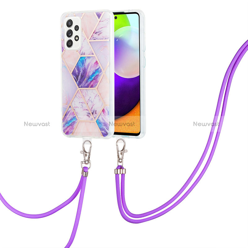 Silicone Candy Rubber Gel Fashionable Pattern Soft Case Cover with Lanyard Strap Y01B for Samsung Galaxy A52 5G Clove Purple