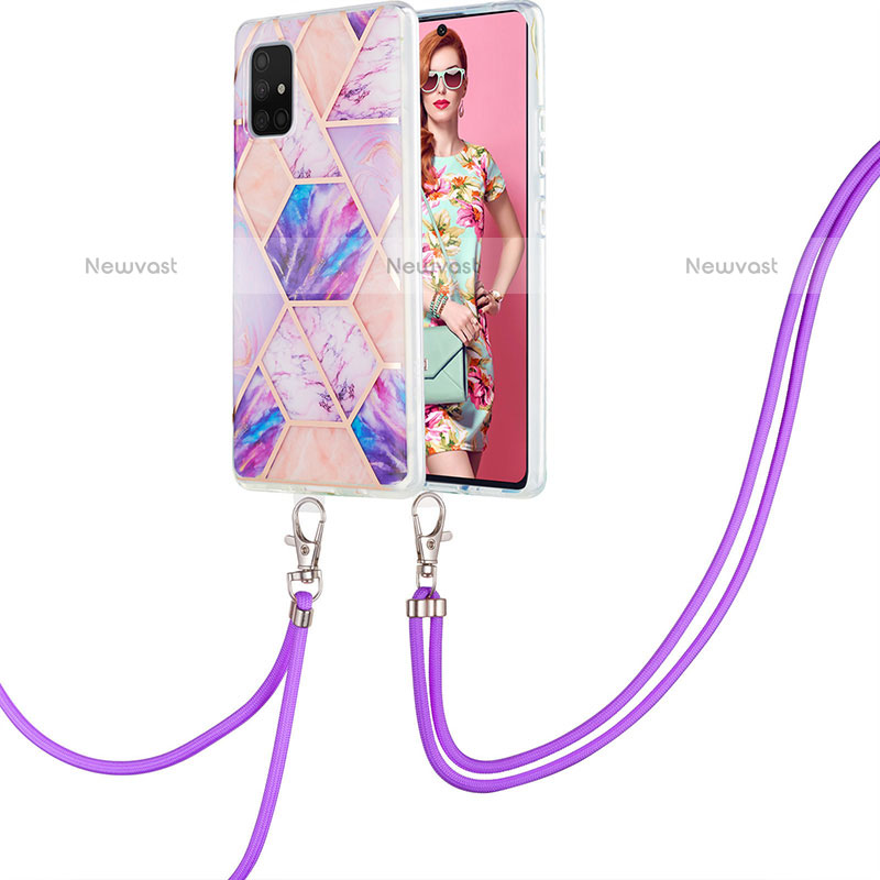 Silicone Candy Rubber Gel Fashionable Pattern Soft Case Cover with Lanyard Strap Y01B for Samsung Galaxy A71 4G A715 Clove Purple