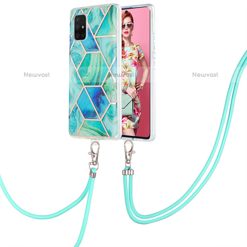 Silicone Candy Rubber Gel Fashionable Pattern Soft Case Cover with Lanyard Strap Y01B for Samsung Galaxy A71 4G A715 Green