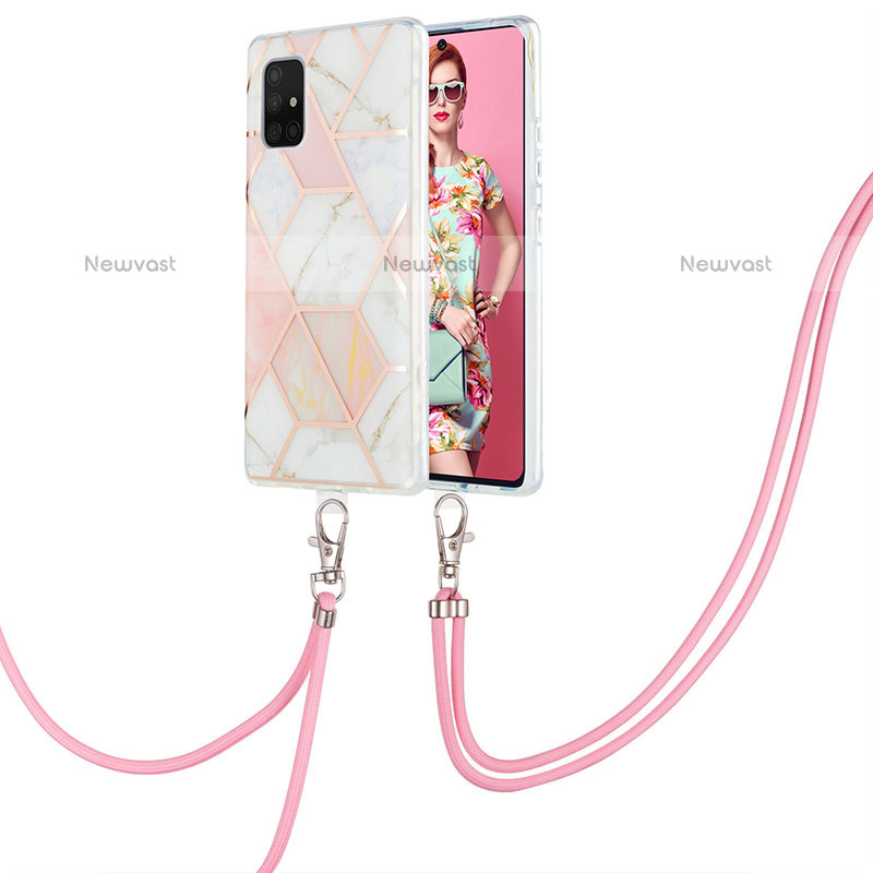 Silicone Candy Rubber Gel Fashionable Pattern Soft Case Cover with Lanyard Strap Y01B for Samsung Galaxy A71 4G A715 Pink