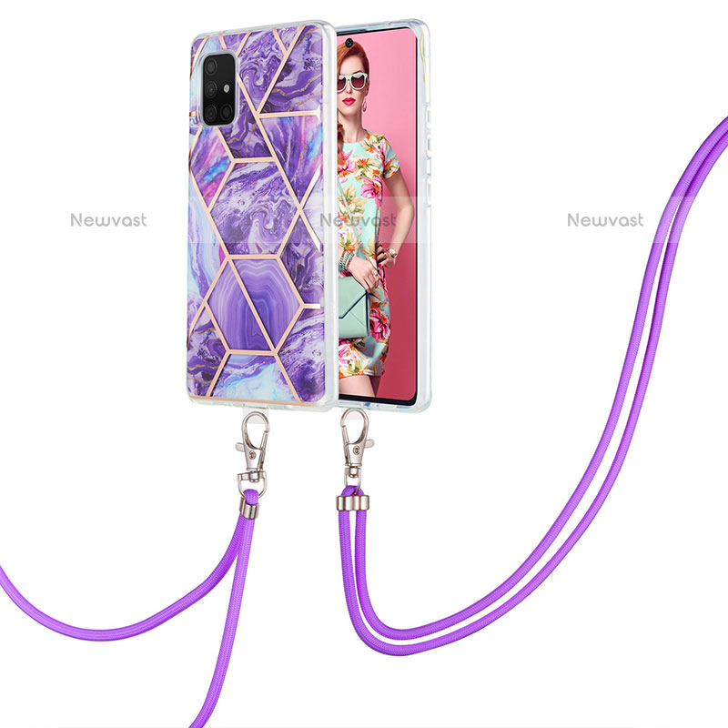 Silicone Candy Rubber Gel Fashionable Pattern Soft Case Cover with Lanyard Strap Y01B for Samsung Galaxy A71 4G A715 Purple