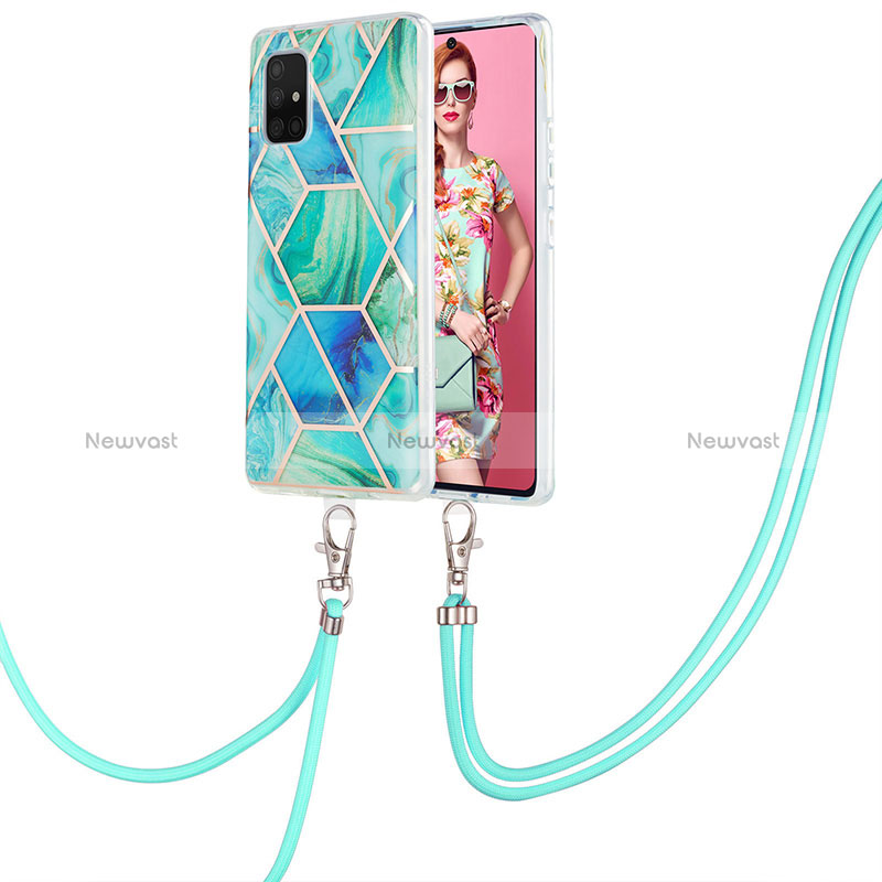 Silicone Candy Rubber Gel Fashionable Pattern Soft Case Cover with Lanyard Strap Y01B for Samsung Galaxy A71 5G Green